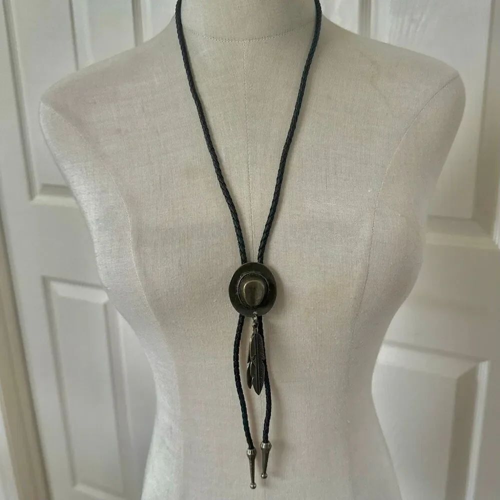 Western Cowboy Hat & Feather Bolo Tie Necklace